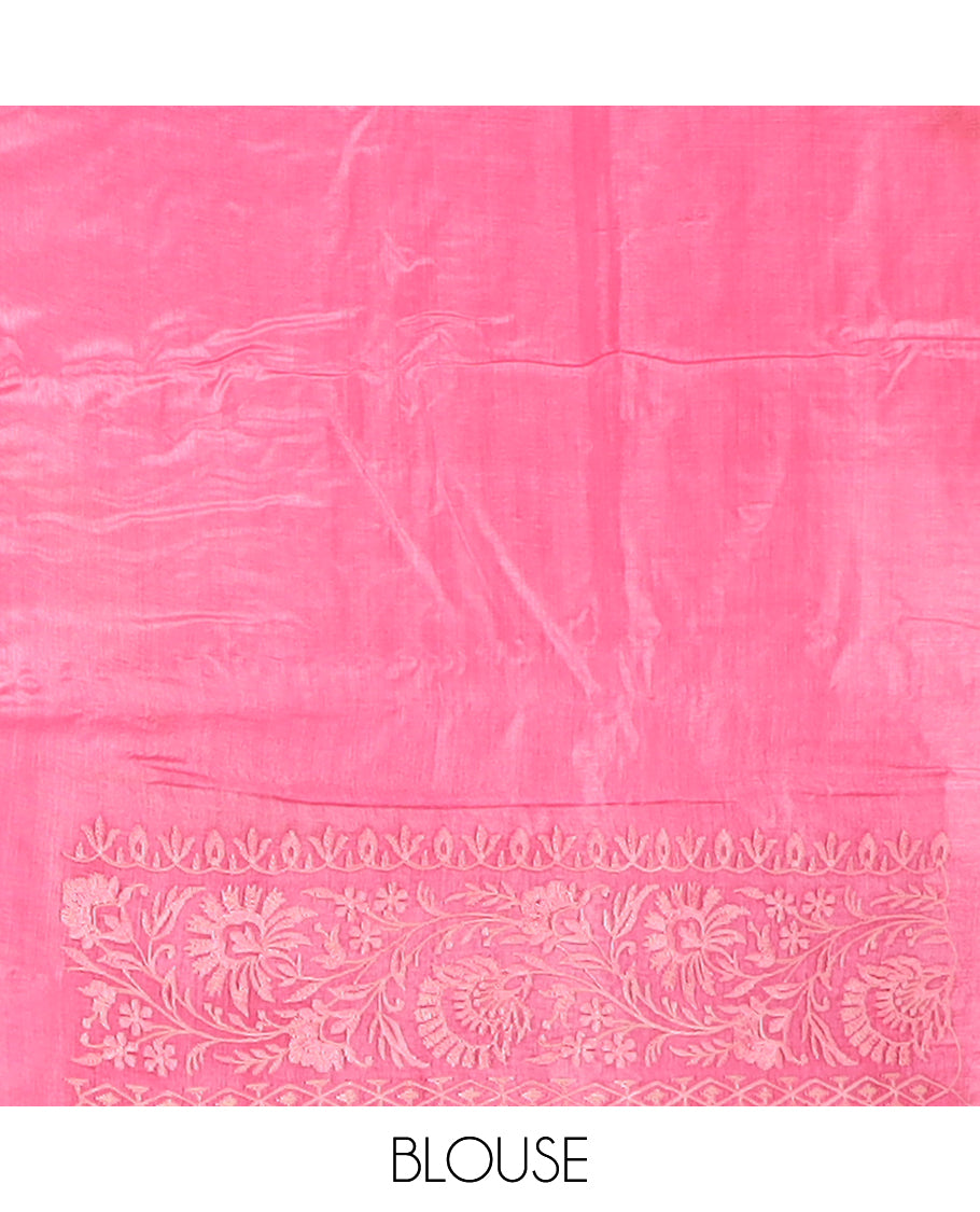 Pink maze patterned thread embroidered tussar saree, floral creeper thread embroidered border