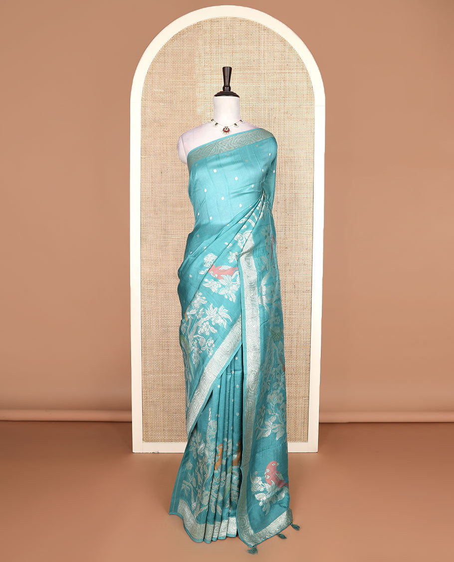 Blue Matka silk saree with polka dots and birds on the branches meenakari design, geometric border, and pallu mirrors the same design
