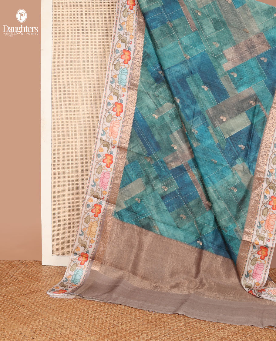 Blue checks printed & buttas Tussar silk saree, contrast border of traditional zari work & floral creeper print & zari woven pallu