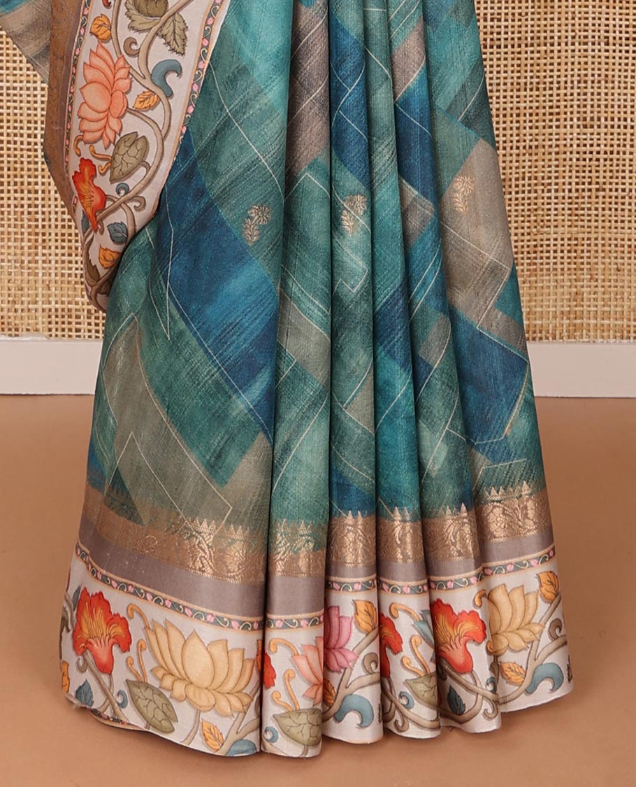 Blue checks printed & buttas Tussar silk saree, contrast border of traditional zari work & floral creeper print & zari woven pallu