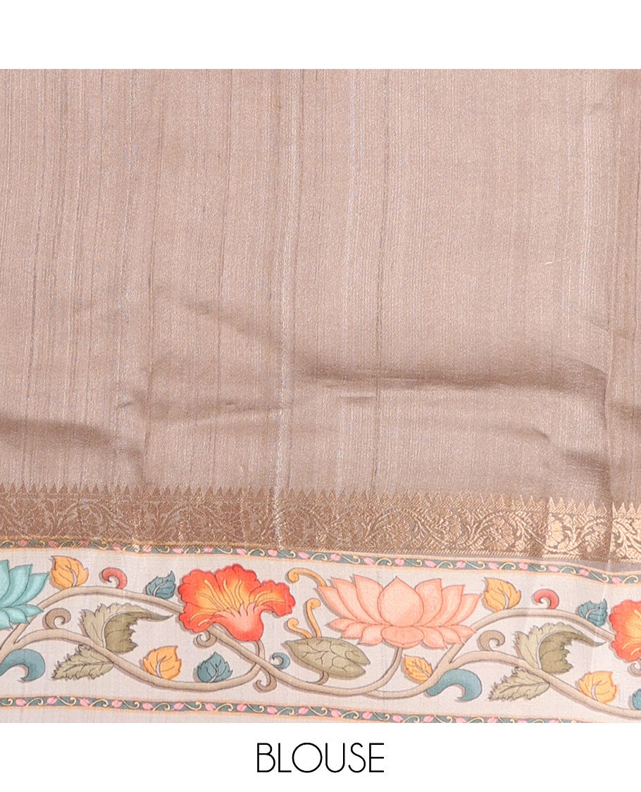 Blue checks printed & buttas Tussar silk saree, contrast border of traditional zari work & floral creeper print & zari woven pallu