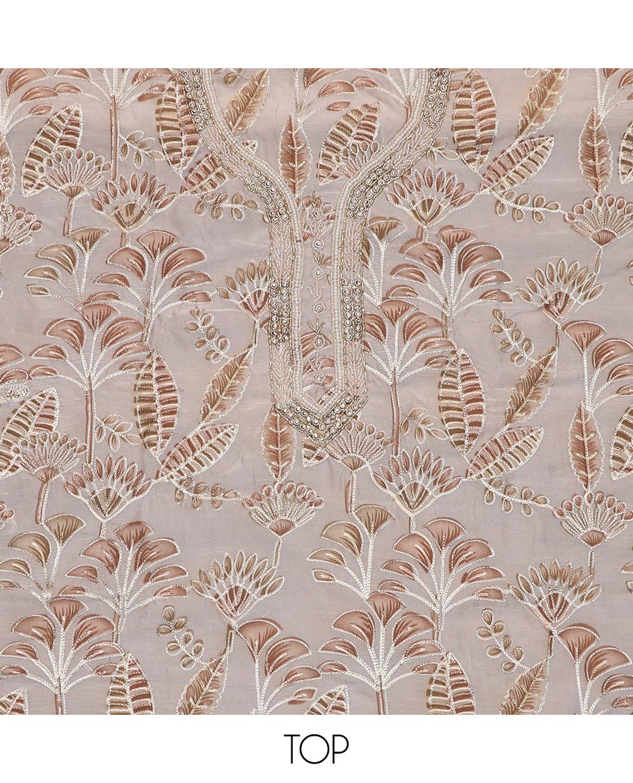 Light sandal material chudidar set, tropical printed with neck embroidered top, plain bottom, and thread embroidered dupatta