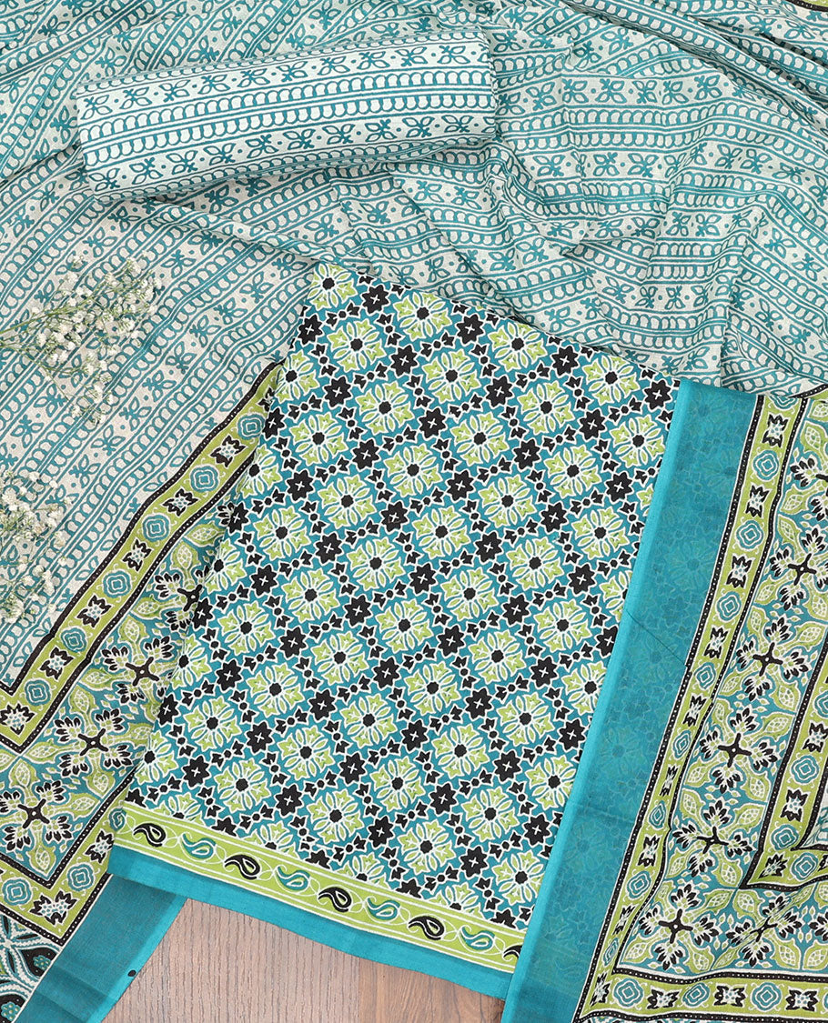 Blue chudidhar material set argyle floral design top with striped floral bottom & floral design dupatta