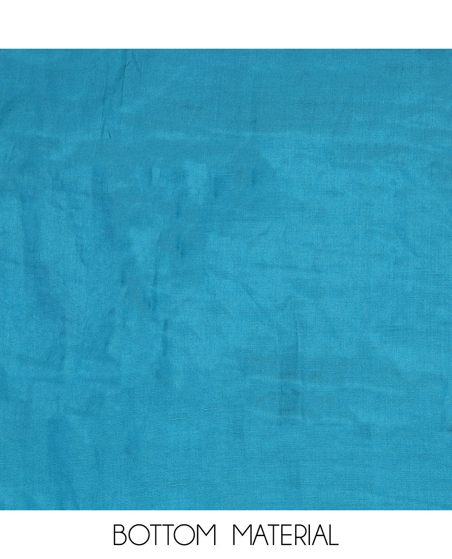 Blue material chudidar set, thread embroidered top, plain bottom, and thread embroidered scallop dupatta