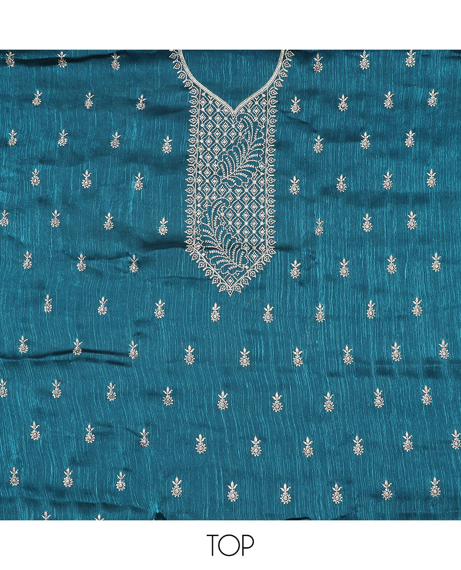 Blue material chudidar set, thread embroidered top, plain bottom, and thread embroidered scallop dupatta