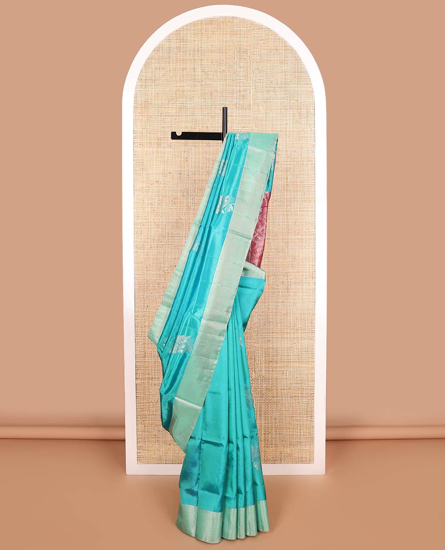 Light blue floral design uppada saree with self zari border & ogee, paisley design pallu