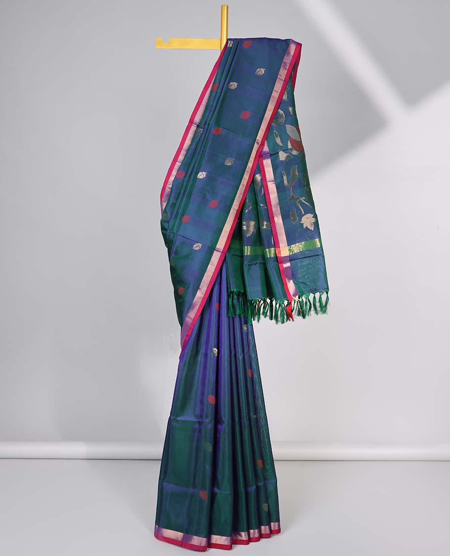 Dark Blue motifs uppada silk saree with contrast zari border & floral vine design pallu