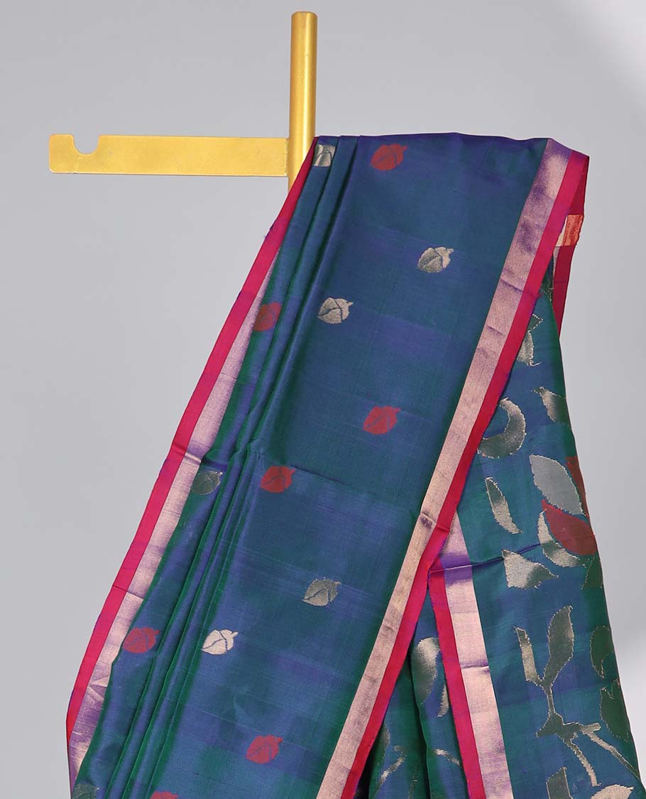 Dark Blue motifs uppada silk saree with contrast zari border & floral vine design pallu