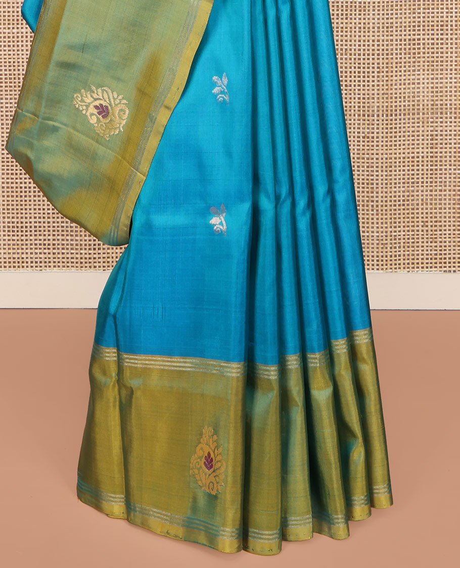 Blue Uppada Silk Saree, Beautified with Floral Buttas All Over Its Body, Complemented by a Contrast Border of Meena Buttas, Pallu of Paisley Butta Enclosed Checks, and Paired with a Contrast Blouse