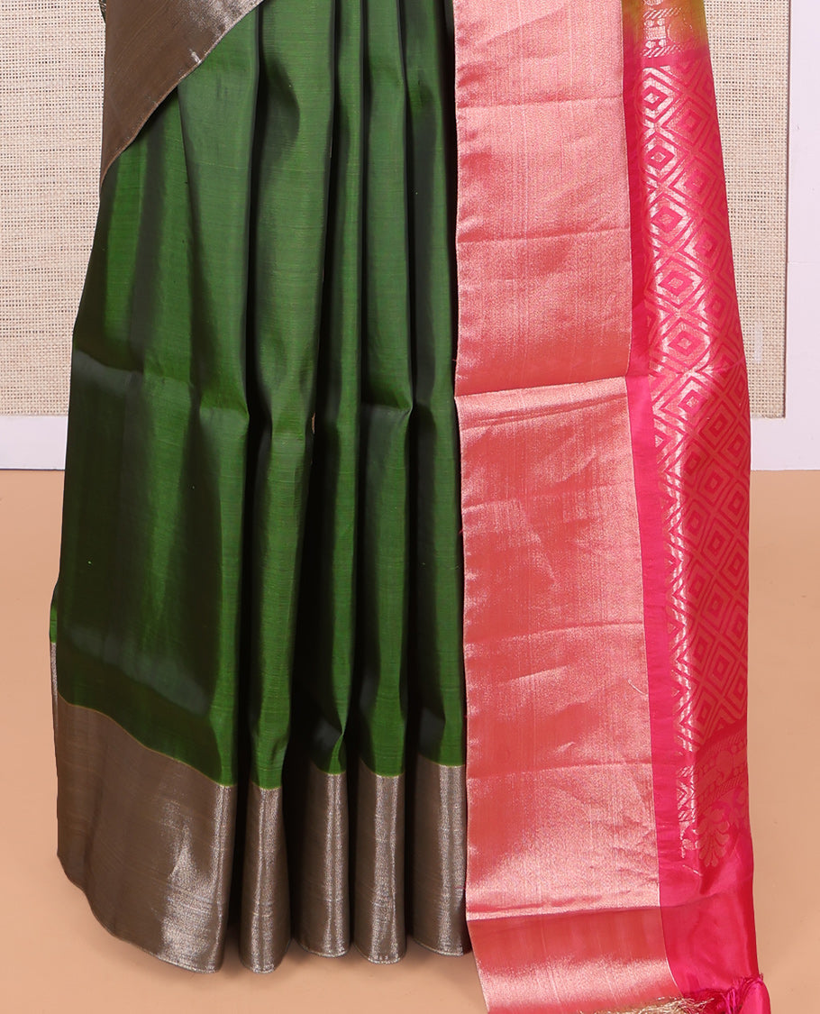 Green Uppada Saree, Detailed with Zari Buttas, a Contrast Bavanji Border, Grand Jaal Pallu, and a Contrast Blouse