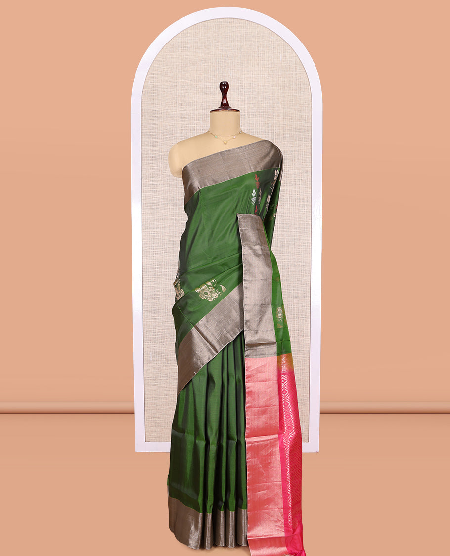 Green Uppada Saree, Detailed with Zari Buttas, a Contrast Bavanji Border, Grand Jaal Pallu, and a Contrast Blouse