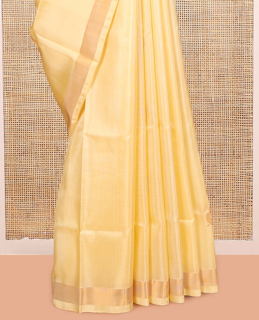 Yellow Uppada Silk Saree, Adorned with Leaf Zari Buttas, a Bavanji Border, Leaf Woven Pallu, and a Matching Blouse