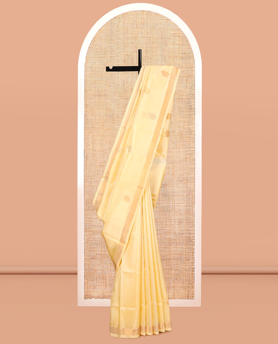 Yellow Uppada Silk Saree, Adorned with Leaf Zari Buttas, a Bavanji Border, Leaf Woven Pallu, and a Matching Blouse