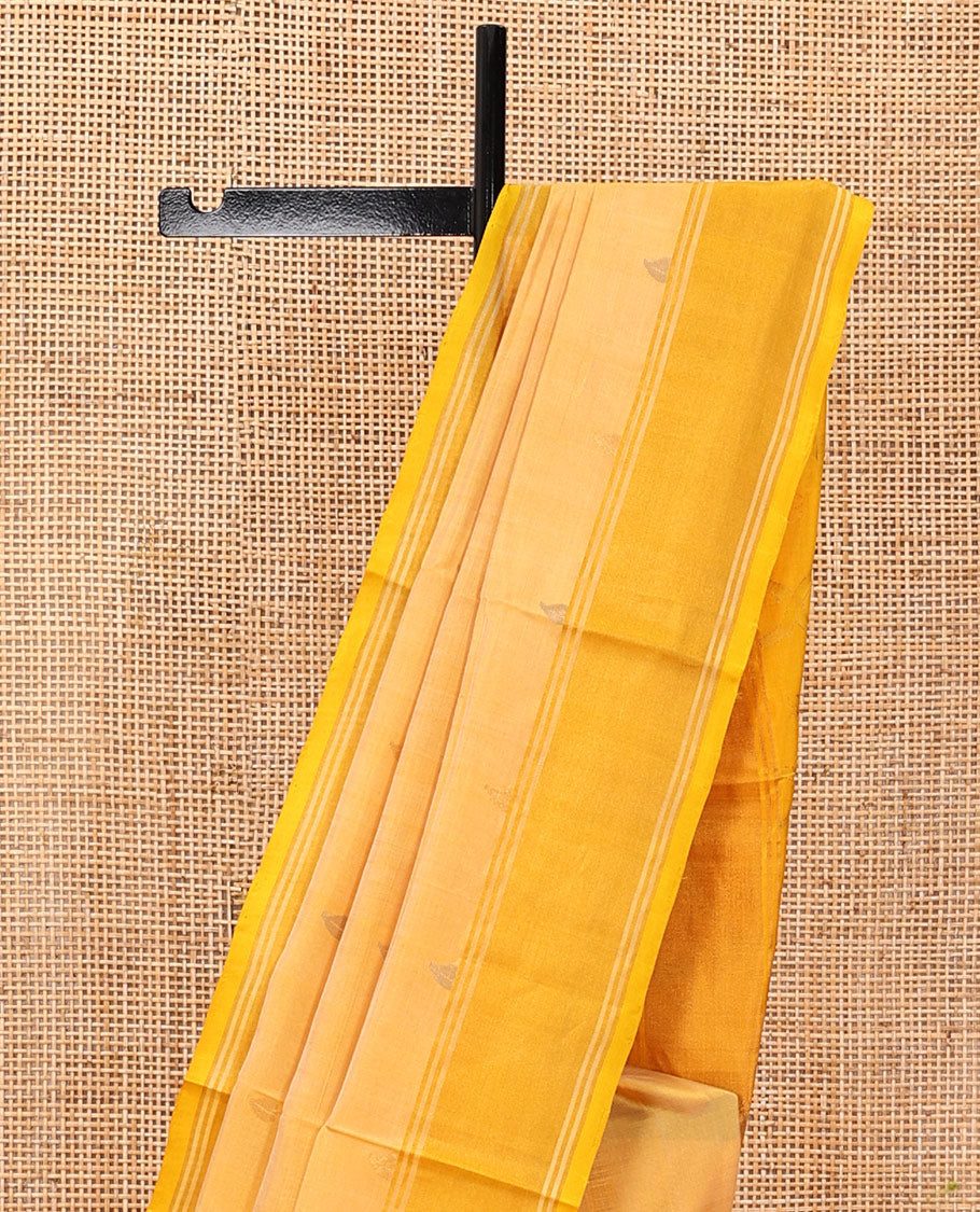 Yellow Uppada Silk Saree, Subtly Sparkled with Buttas, a Contrast Zari Border, Pallu of Mughal-Style Jaal Designs, and a Contrast Blouse