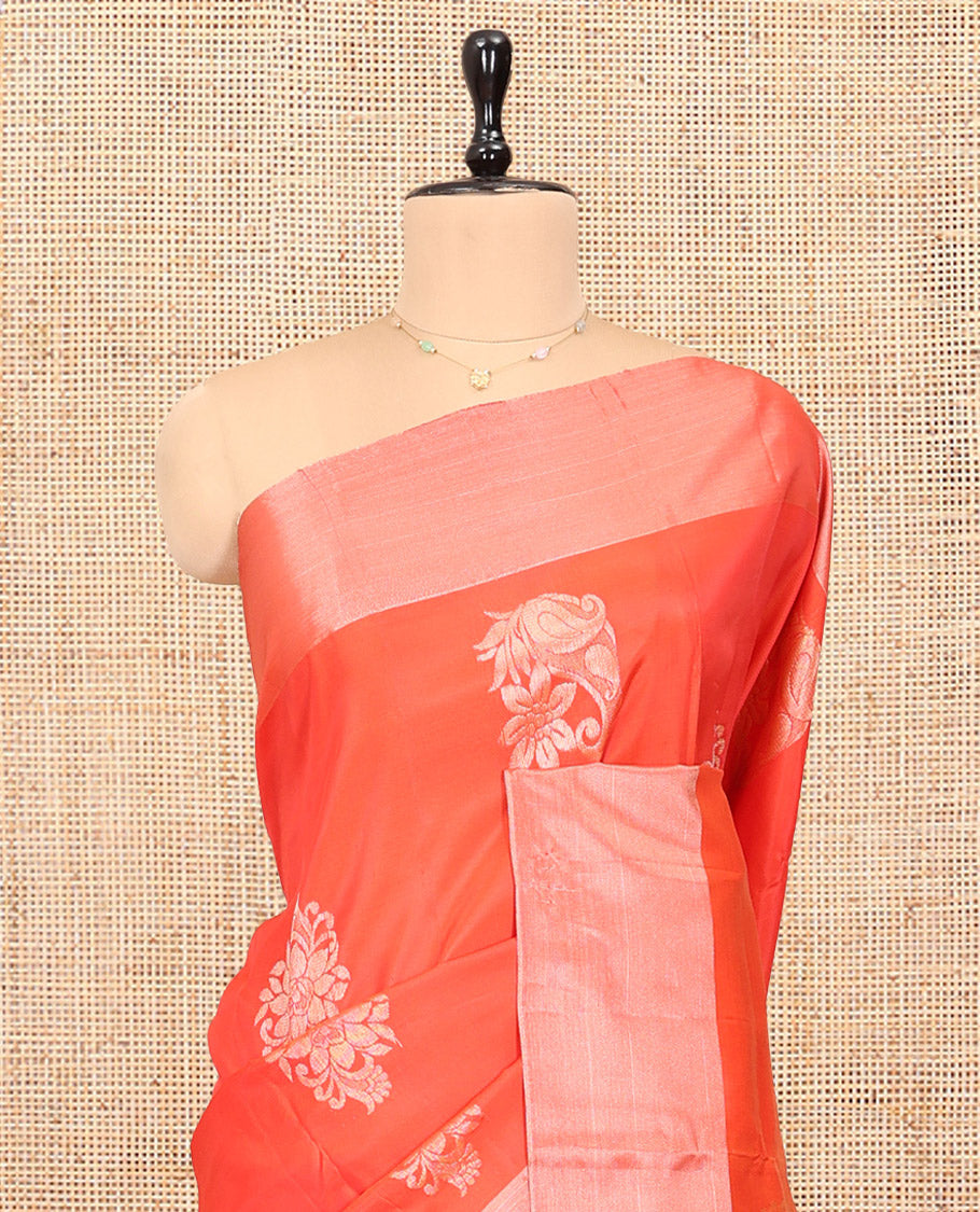 Orange Semi Uppada Saree, Elevated with Zari Buttas, a Bavanji Border, Contrast Floral Pallu, and a Contrast Blouse