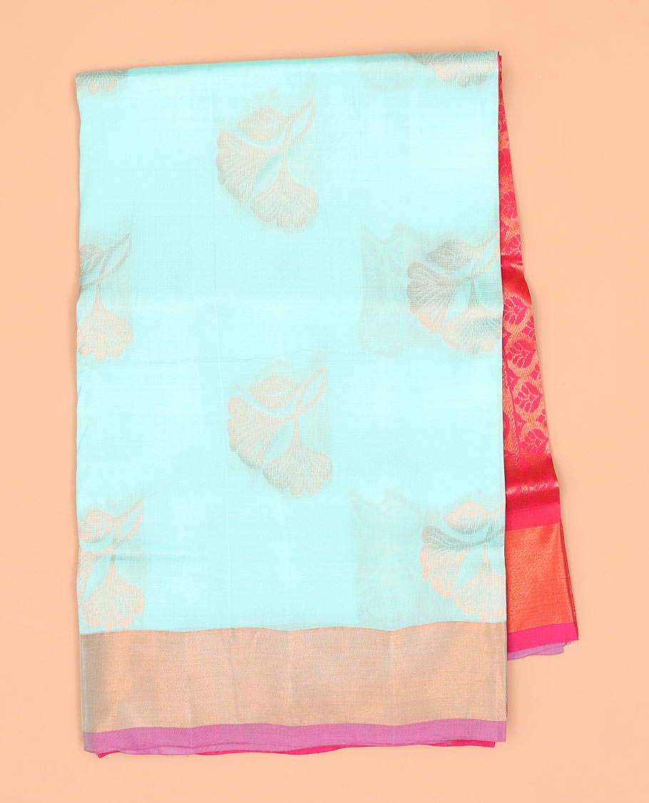 Blue with flower motifs semi-uppada saree with contrast zari border & zari jaal design pallu