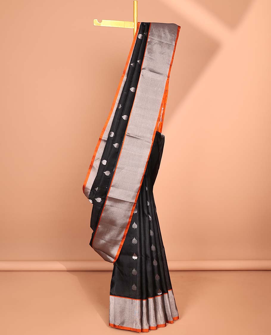 Black leaf motifs vengatagiri pure silk saree contrast bavanji border & parrot motifs pallu