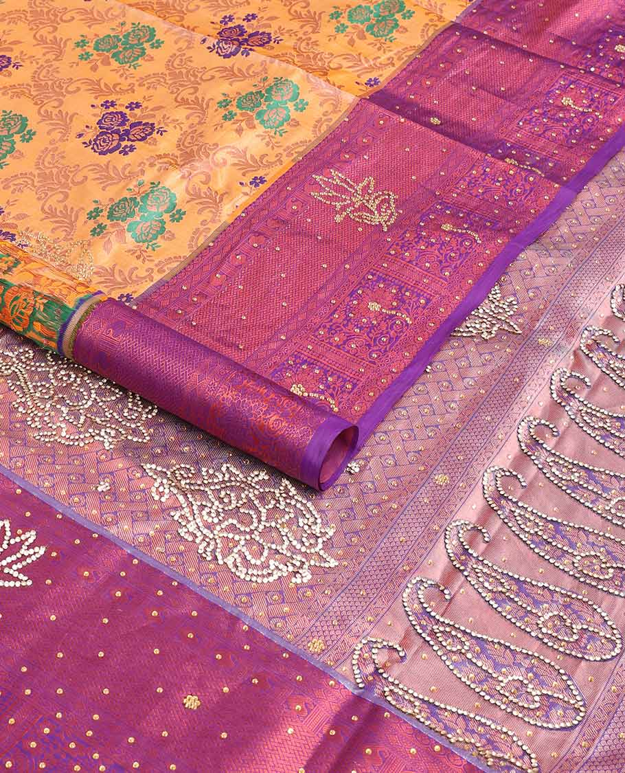 Orange vastrakala silk saree floral design with contrast floral, stone work border & floral design in stone work pallu