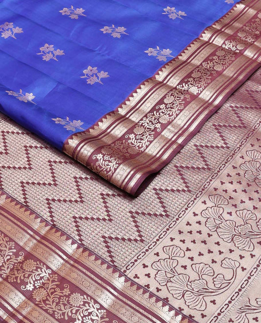 Blue floral buttas Vasundhara silk mix saree, contrast border of thilakam,banaras,muthu,kamalam,jada nagam & kodi visiry & chevron pallu