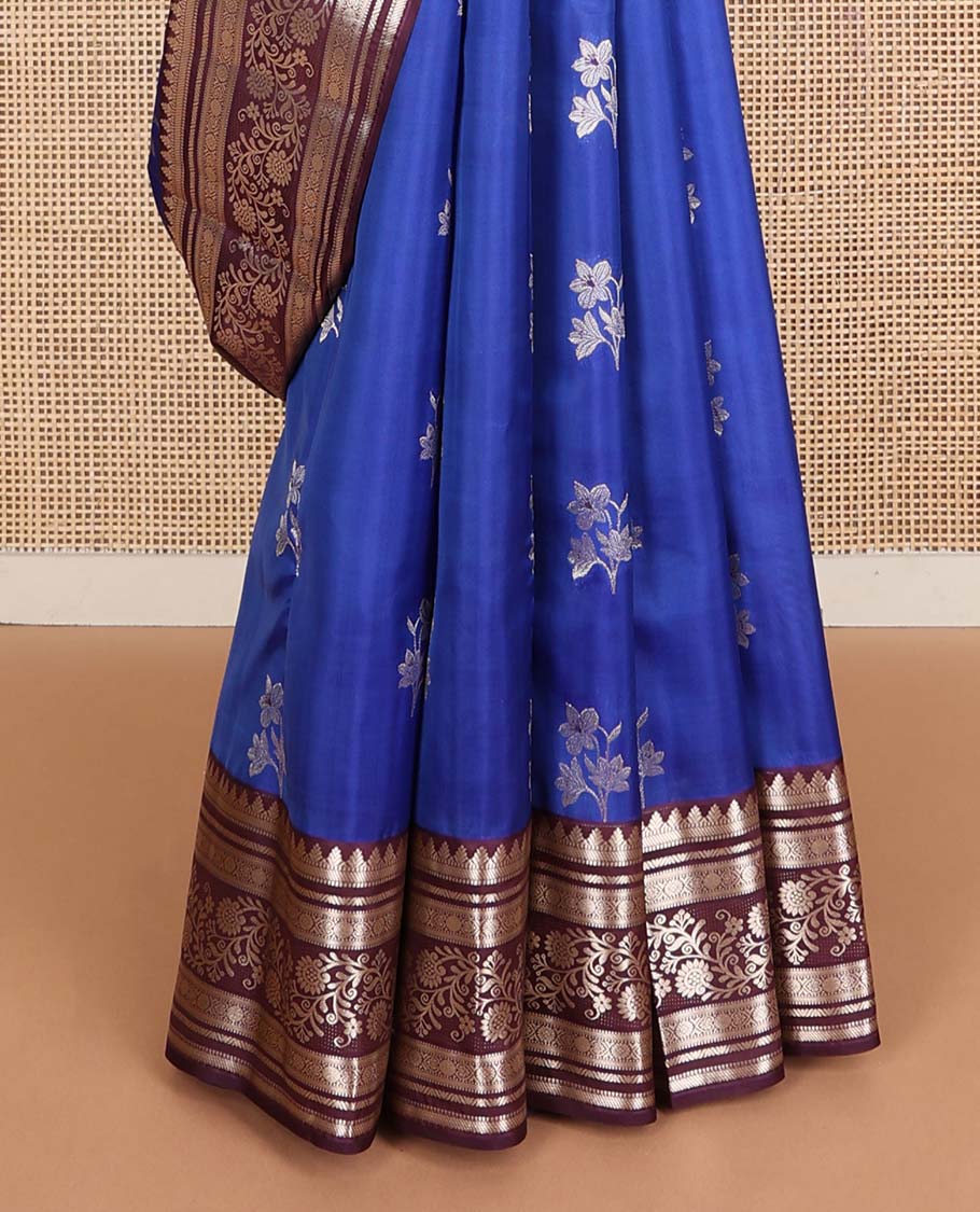 Blue floral buttas Vasundhara silk mix saree, contrast border of thilakam,banaras,muthu,kamalam,jada nagam & kodi visiry & chevron pallu