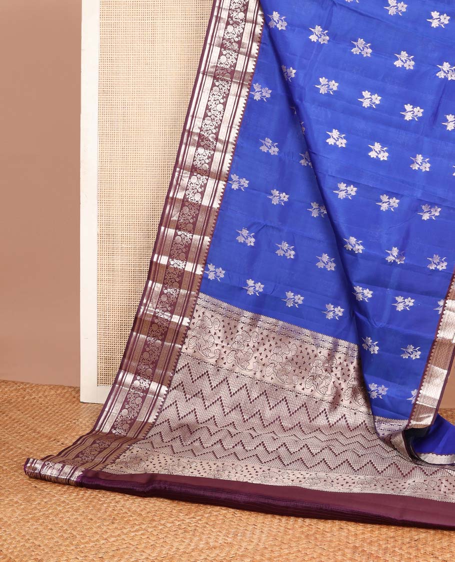 Blue floral buttas Vasundhara silk mix saree, contrast border of thilakam,banaras,muthu,kamalam,jada nagam & kodi visiry & chevron pallu