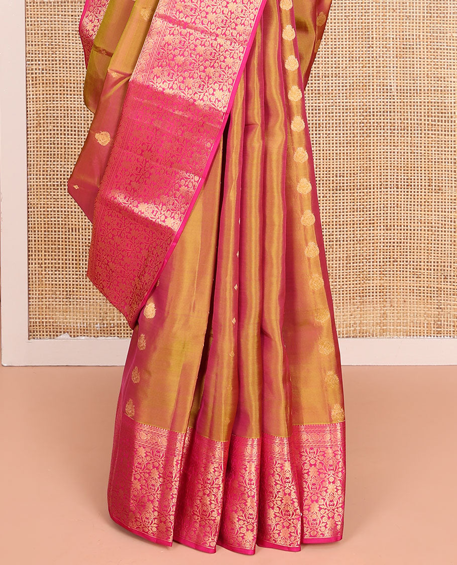 Orange Vasundhara Lite-Silk Mix Saree, Gleamed Up with Zari Buttas All Over Its Body, Complemented by a Contrast Border of Rekku, Muthu, Puli Nagam, Kodivisiry, and Floral Jaal Designs, Grand Pallu, and Paired with a Contrast Blouse