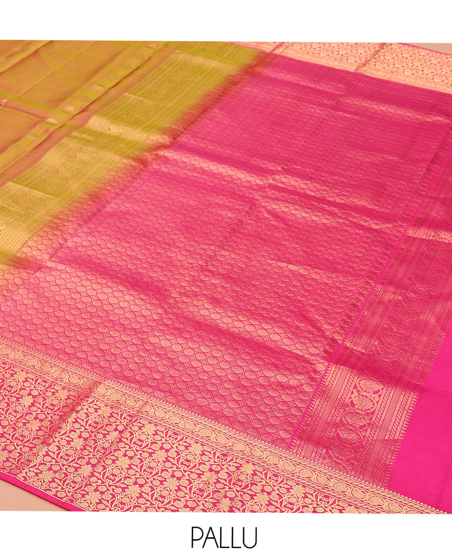 Orange Vasundhara Lite-Silk Mix Saree, Gleamed Up with Zari Buttas All Over Its Body, Complemented by a Contrast Border of Rekku, Muthu, Puli Nagam, Kodivisiry, and Floral Jaal Designs, Grand Pallu, and Paired with a Contrast Blouse