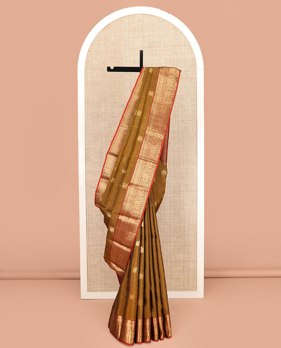Mustard Vasundhara Lite Silk Mix Saree, Prettified with Zari Buttas All Over Its Body, Complemented by Contrast Border of Rekku, Muthu, Banaras, Mayil Kann, and Yaanai Designs, Grandly Woven Pallu of Diagonal Designs, and Paired with a Contrast Blouse