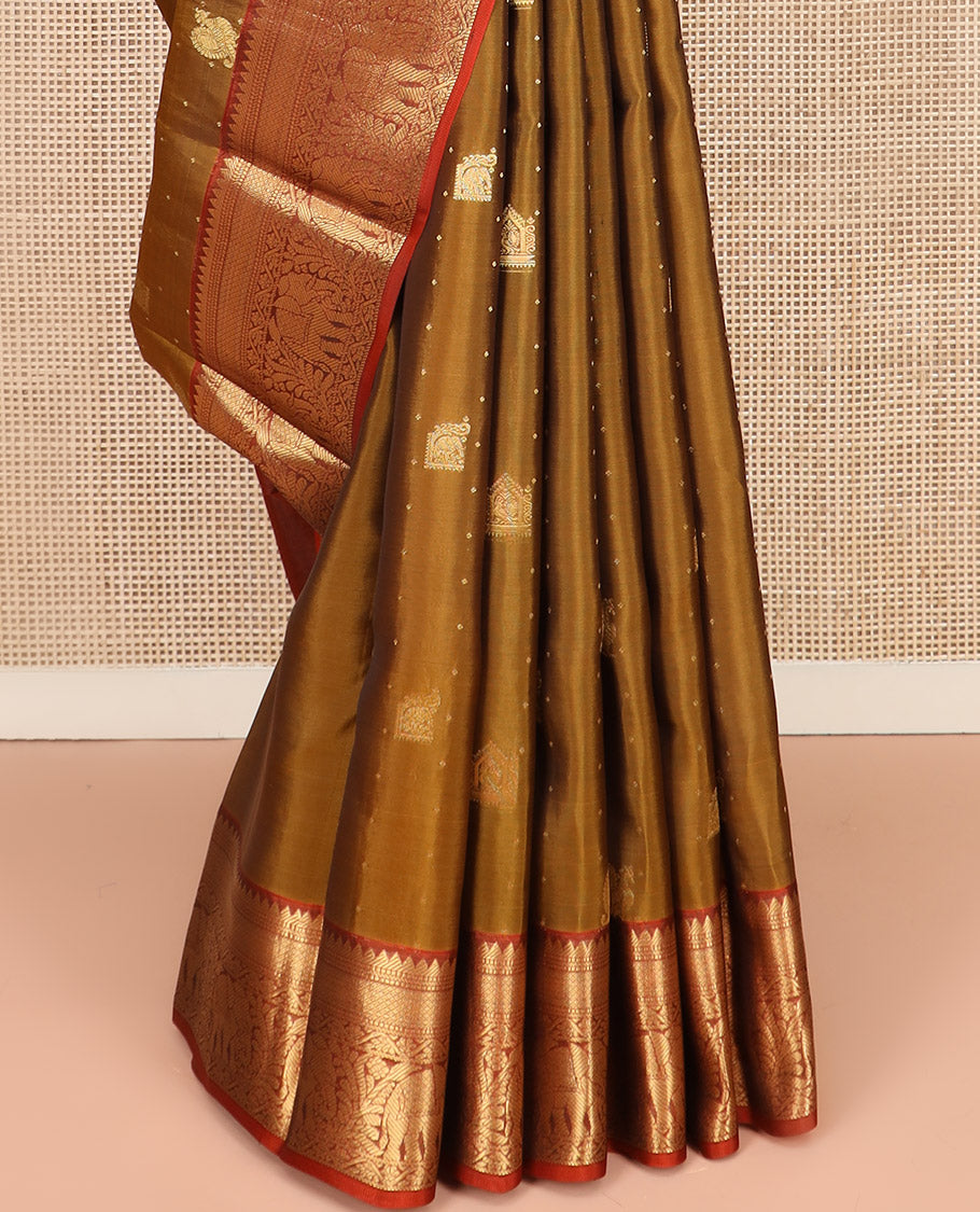 Mustard Vasundhara Lite Silk Mix Saree, Prettified with Zari Buttas All Over Its Body, Complemented by Contrast Border of Rekku, Muthu, Banaras, Mayil Kann, and Yaanai Designs, Grandly Woven Pallu of Diagonal Designs, and Paired with a Contrast Blouse