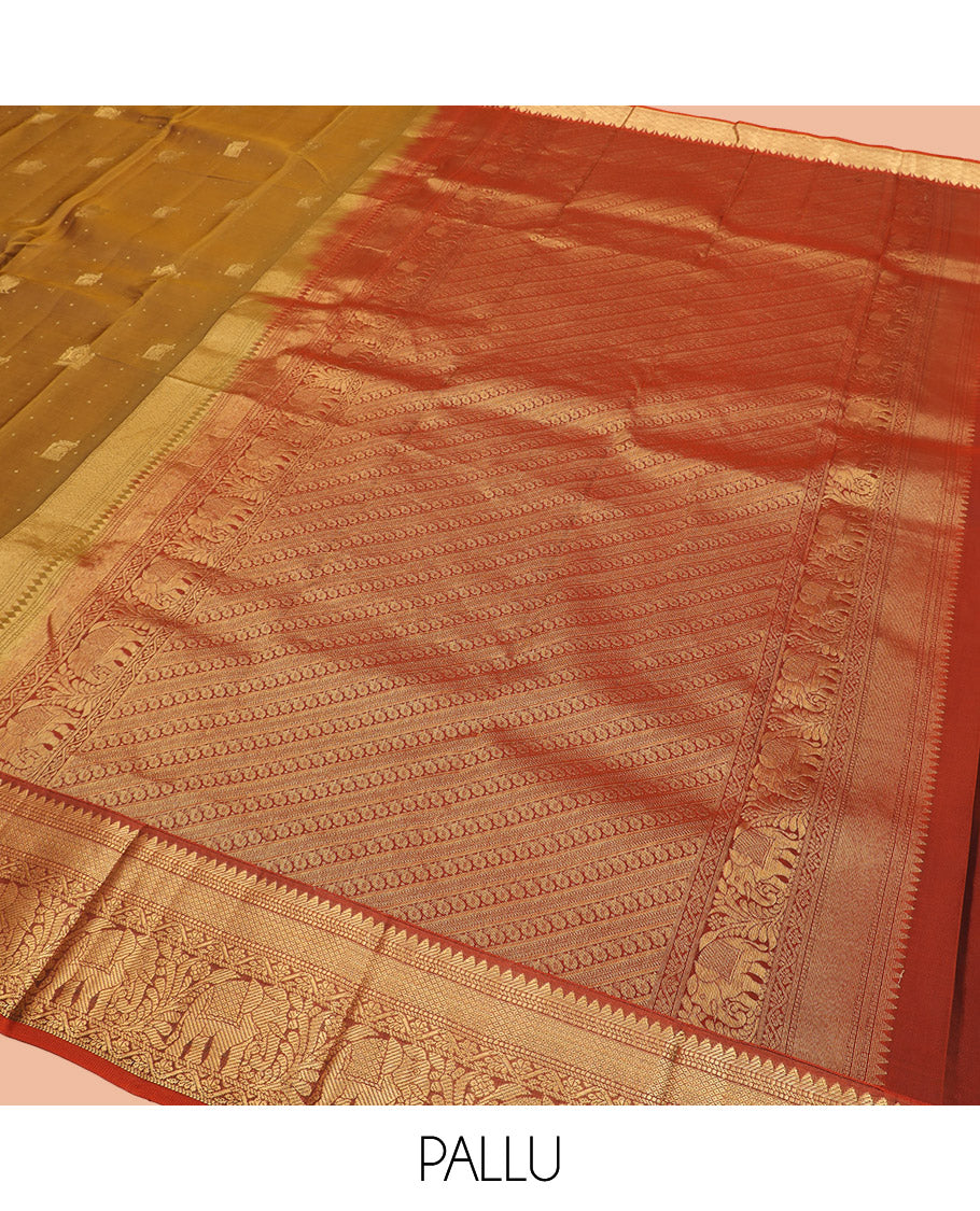 Mustard Vasundhara Lite Silk Mix Saree, Prettified with Zari Buttas All Over Its Body, Complemented by Contrast Border of Rekku, Muthu, Banaras, Mayil Kann, and Yaanai Designs, Grandly Woven Pallu of Diagonal Designs, and Paired with a Contrast Blouse