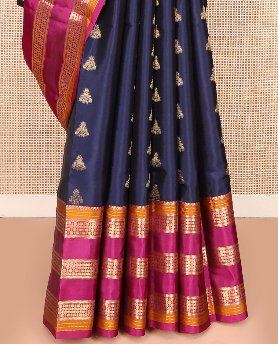 Blue Vasundhara Lite Silk Mix Saree, Elevated with Zari Buttas All Over Its Body, Complemented by a Contrast Border of Manga Mokku, Muthu, and Rudraksham Designs, Gracefully Embellished Pallu, and Paired with a Contrast Blouse