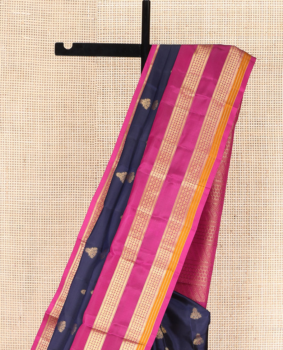 Blue Vasundhara Lite Silk Mix Saree, Elevated with Zari Buttas All Over Its Body, Complemented by a Contrast Border of Manga Mokku, Muthu, and Rudraksham Designs, Gracefully Embellished Pallu, and Paired with a Contrast Blouse