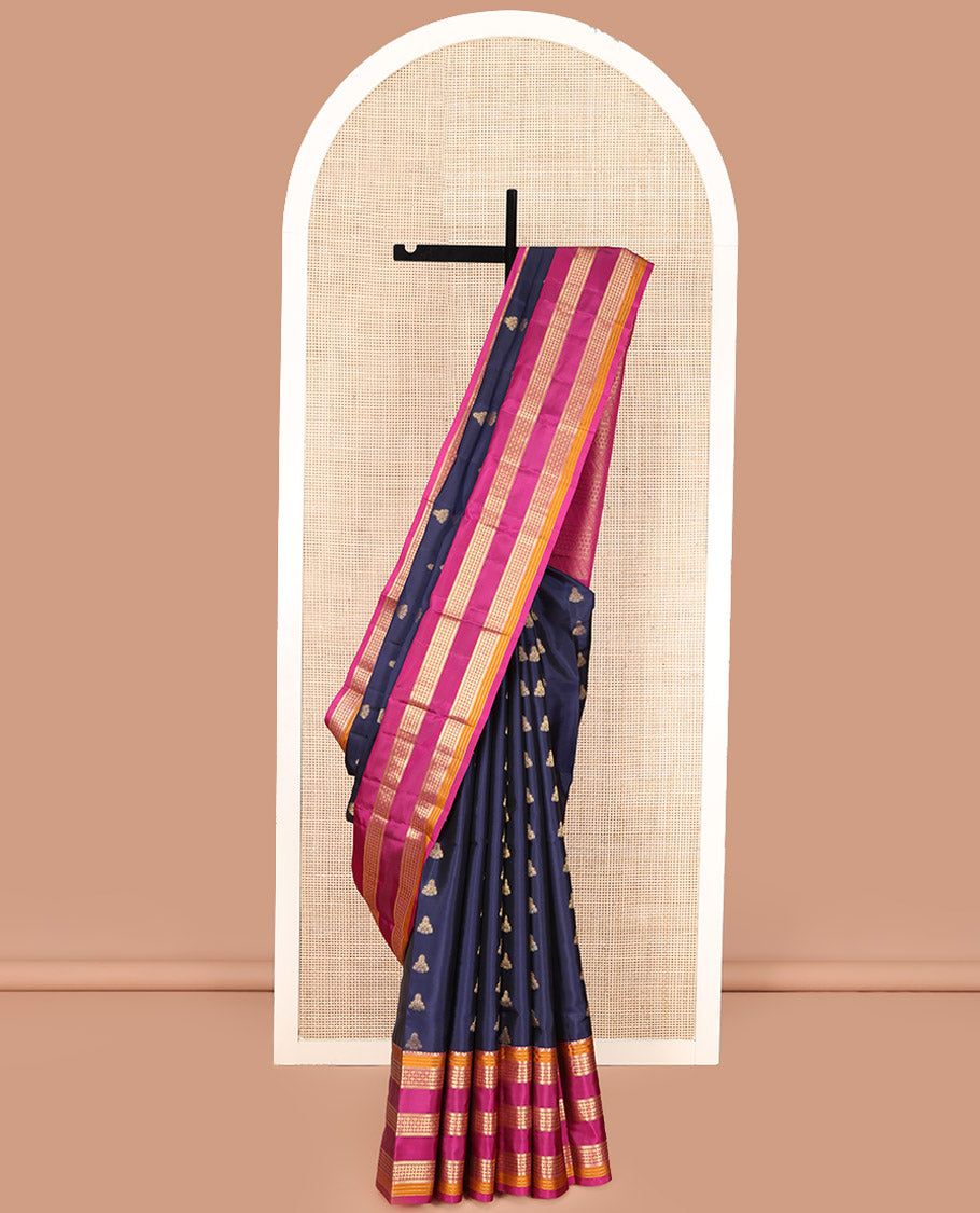 Blue Vasundhara Lite Silk Mix Saree, Elevated with Zari Buttas All Over Its Body, Complemented by a Contrast Border of Manga Mokku, Muthu, and Rudraksham Designs, Gracefully Embellished Pallu, and Paired with a Contrast Blouse