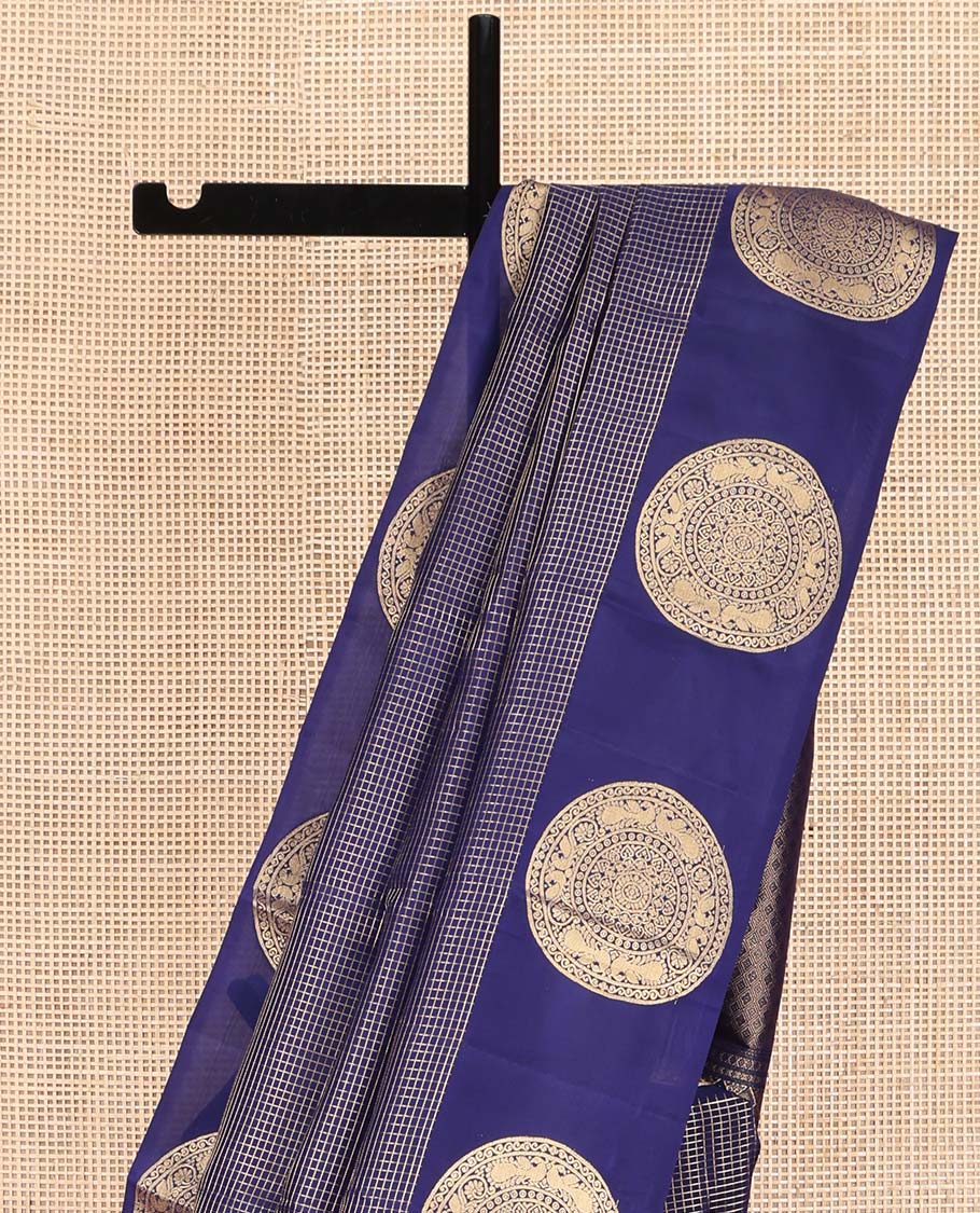 Blue Vasundhara Lite Silk Mix Saree, Gleamed Up with Zari Checked Design on Its Body, Highlighted by Zari Border Features Big Chakram Designs, Gleaming Jaal Design Pallu, and Paired with a Matching Blouse