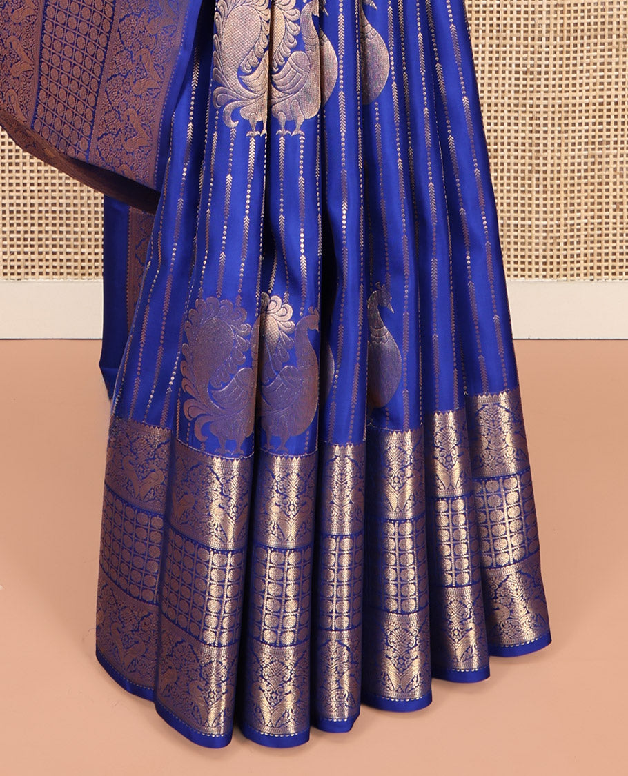 Blue Vasundhara Lite-Silk Mix Saree Featuring Zari Buttas and Stripes, Highlighted by Zari Border of Kamalam and Kili Designs, Butta-Enclosed Checked Pallu, and a Matching Blouse
