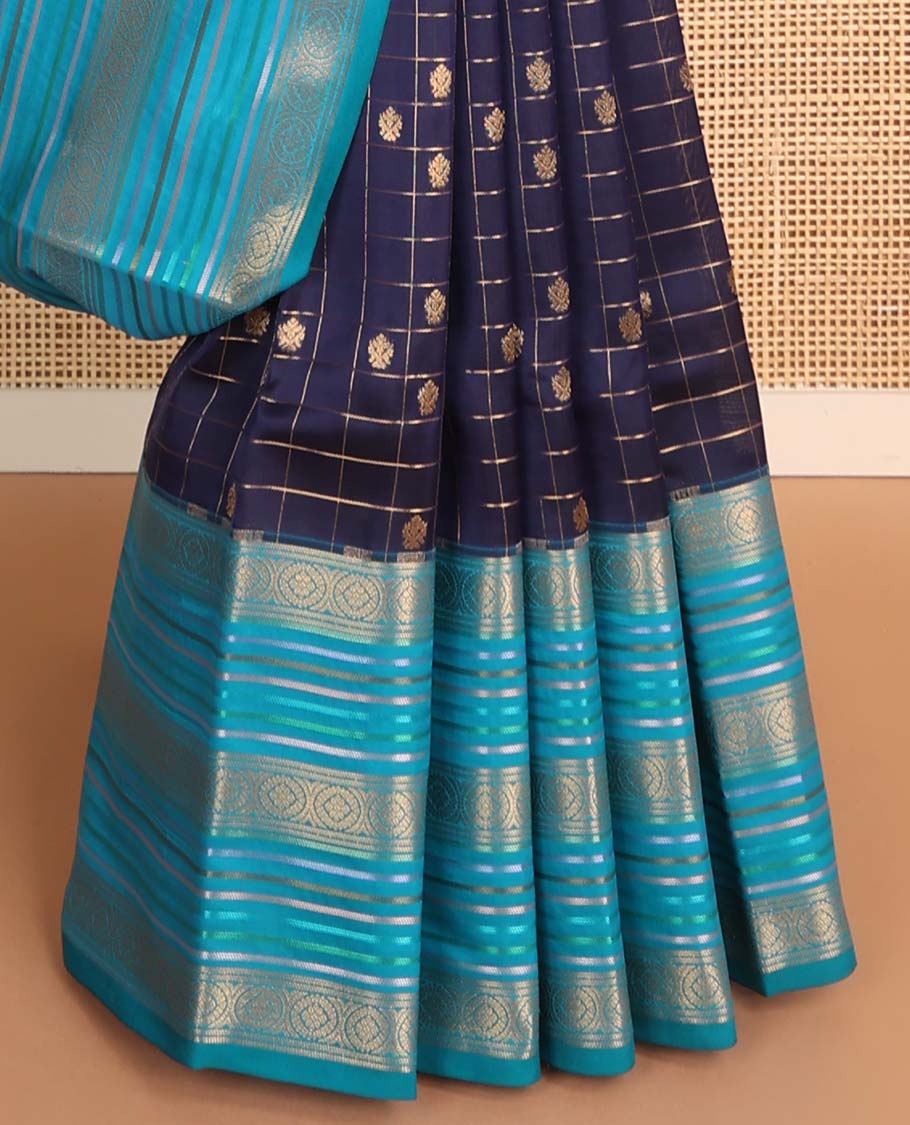 Violet checked, floral buttas vasundhara elite silk saree with contrast striped, floral zari design & argyle design pallu