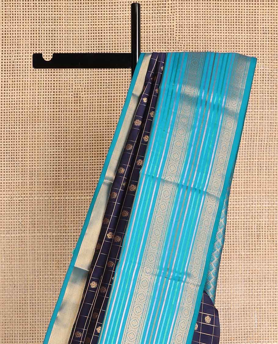 Violet checked, floral buttas vasundhara elite silk saree with contrast striped, floral zari design & argyle design pallu