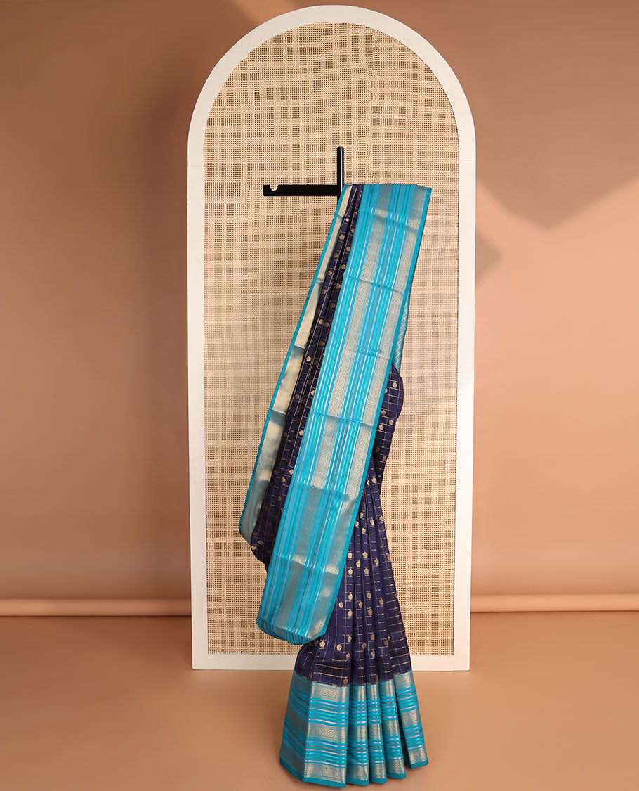 Violet checked, floral buttas vasundhara elite silk saree with contrast striped, floral zari design & argyle design pallu