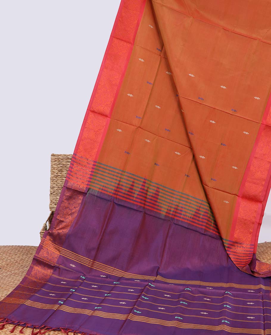 Brown floral motifs banana pith saree with contrast zari border & striped zari with floral motifs pallu