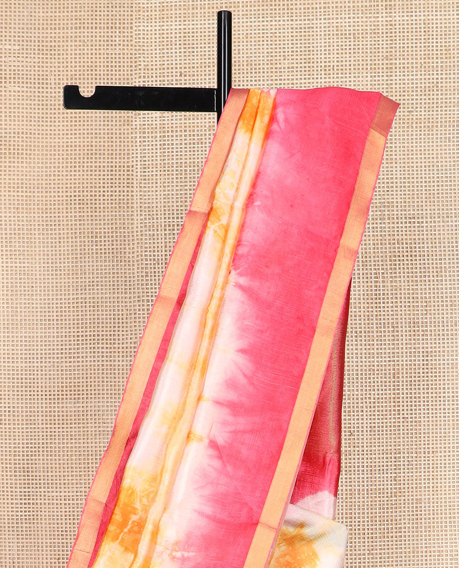 Yellow shibori printed banana pith saree, contrast piping border, and shibori printed pallu