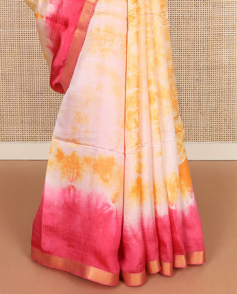 Yellow shibori printed banana pith saree, contrast piping border, and shibori printed pallu
