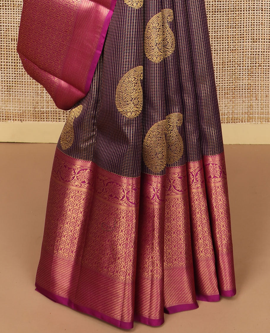 Brown checked, floral design silk saree with contrast intricate zari design border & floral zari design pallu