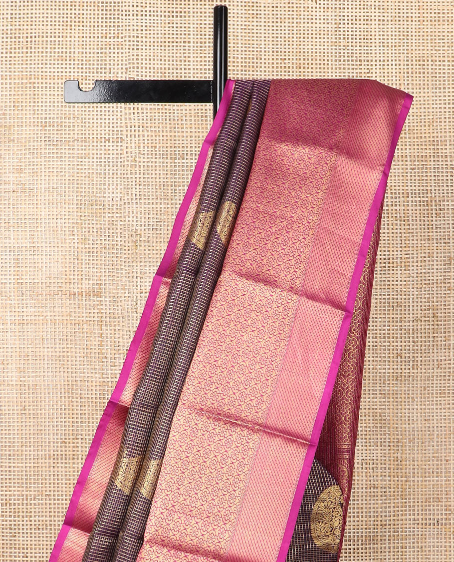 Brown checked, floral design silk saree with contrast intricate zari design border & floral zari design pallu