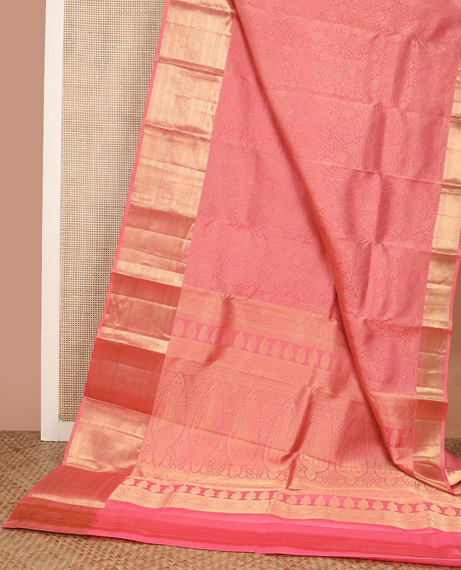 Pink jacquard Kanchipuram wedding silk saree, zari border of rekku, kathir, mayil kann, and kodi visiry designs, and intricate pallu