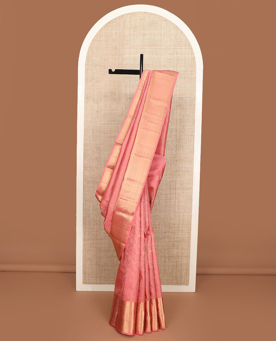 Pink jacquard Kanchipuram wedding silk saree, zari border of rekku, kathir, mayil kann, and kodi visiry designs, and intricate pallu