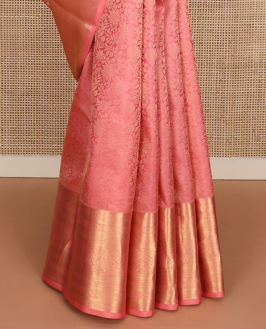 Pink jacquard Kanchipuram wedding silk saree, zari border of rekku, kathir, mayil kann, and kodi visiry designs, and intricate pallu