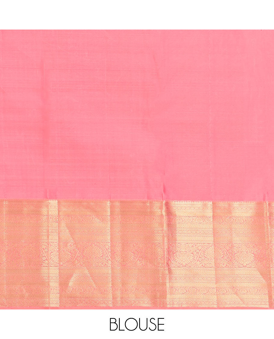 Pink jacquard Kanchipuram wedding silk saree, zari border of rekku, kathir, mayil kann, and kodi visiry designs, and intricate pallu