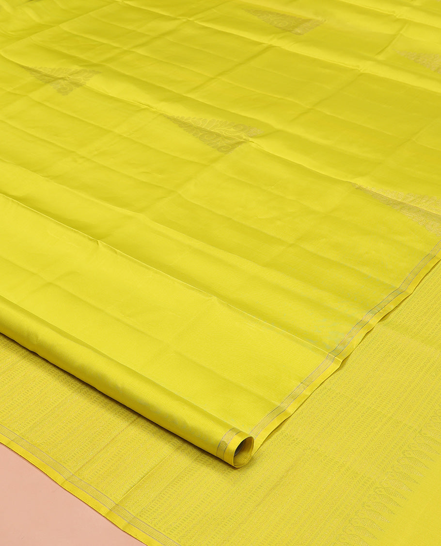 Yellow Mayuri Lite Silk Mix Saree, Sparsely Threaded with Zari Buttas, a Piping Border, Sparsely Woven Pallu, and a Matching Blouse