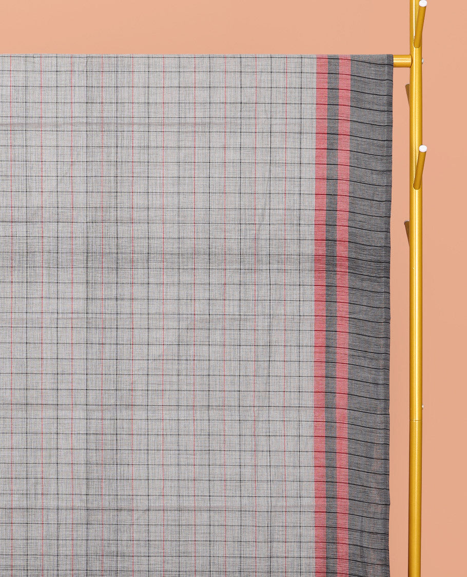 Grey Checked Chirala Cotton Saree, a Contrast Border, Self-Pallu, and a Matching Blouse