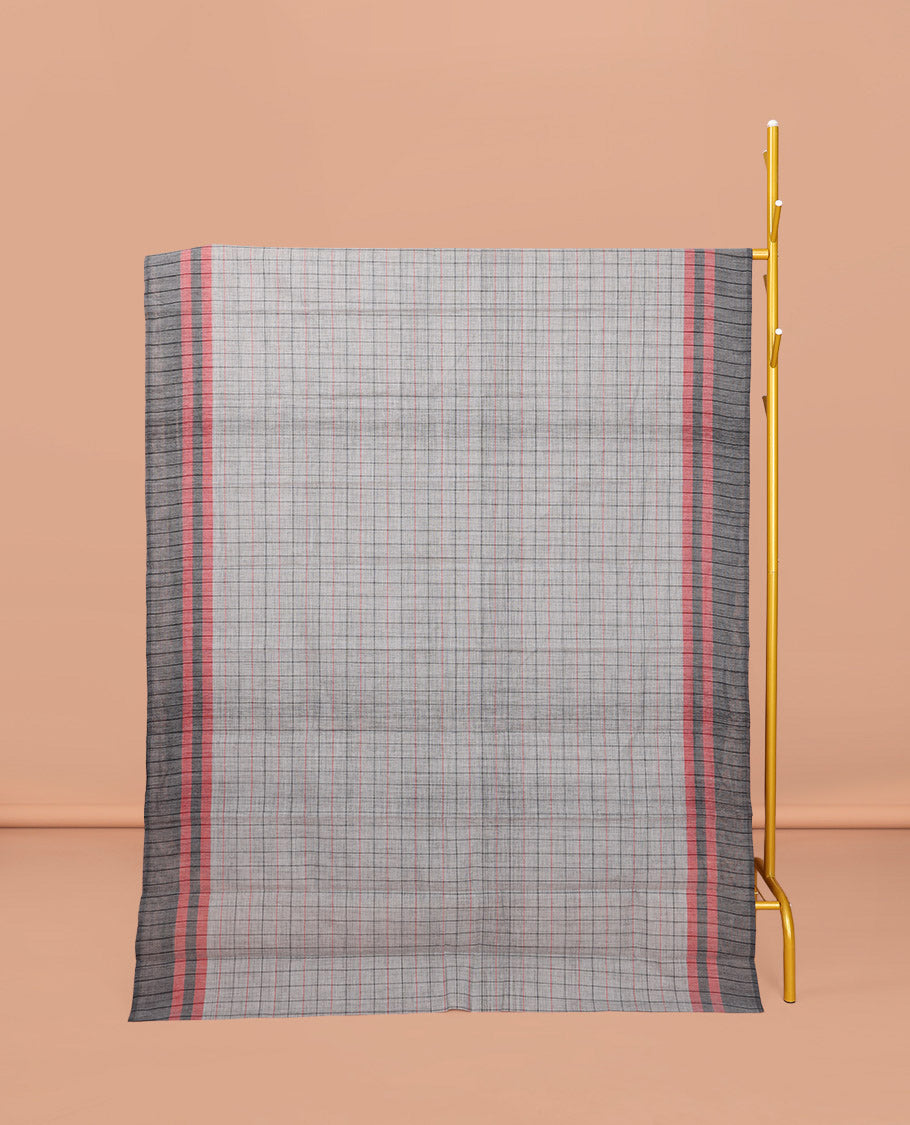 Grey Checked Chirala Cotton Saree, a Contrast Border, Self-Pallu, and a Matching Blouse